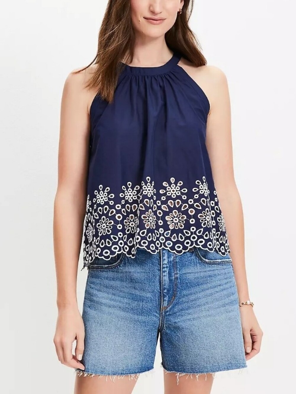 Loft Women’s Daisy Eyelet Scalloped Halter Top Size M Navy Blue Feminine Coastal